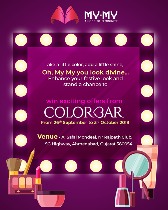 Take a little color, add a little shine, Oh, My-My you look divine…This festive season, look like a dazzling-diva with the head-turning makeover of Colorbar & stand a chance to win something exciting! P.S. This makeover is for free & you cannot afford to miss this!
 
#Colorbar #Makeover #Makeup #Accessories #NavratriOffer #NavratriLook #FestiveLook #FestiveFling #Beauty MYMY #Gujarat #India