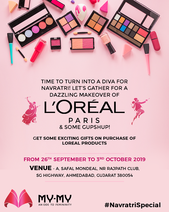 Strut your elegant look like a dazzling-diva with the head-turning makeover of Loreal & stand a chance to win something exciting! P.S. This makeover is for free & you cannot afford to miss this!
 
#Makeover #Makeup #Accessories #NavratriOffer #NavratriLook #FestiveLook #FestiveFling #BeautyMYMY #Gujarat #India